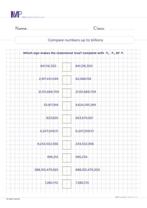 Compare numbers up to billions worksheet