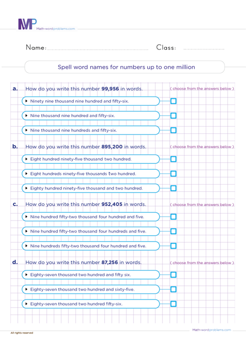 Spell word names for numbers up to one million worksheet