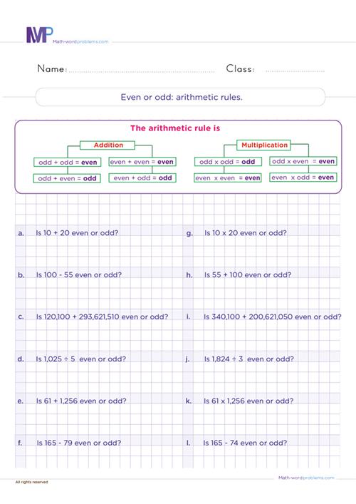 Even or odd arithmetic rules worksheet