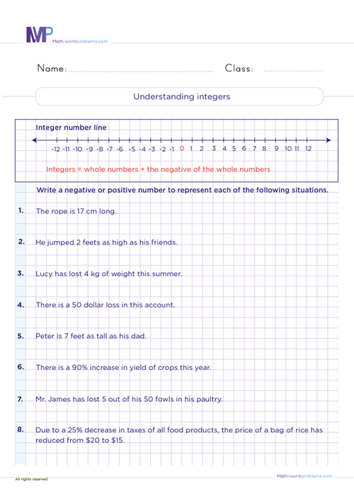 Understanding intergers worksheet