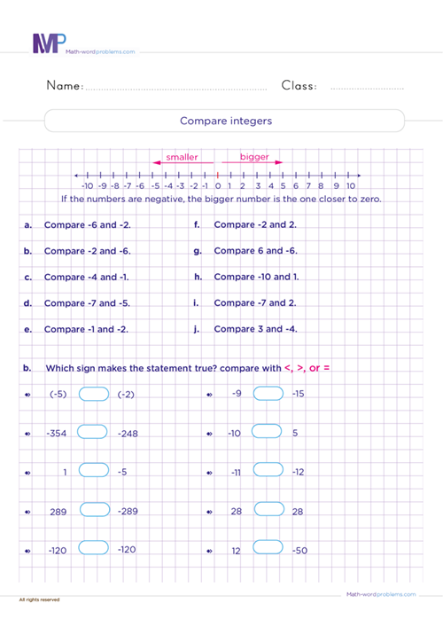 Compare integers worksheet