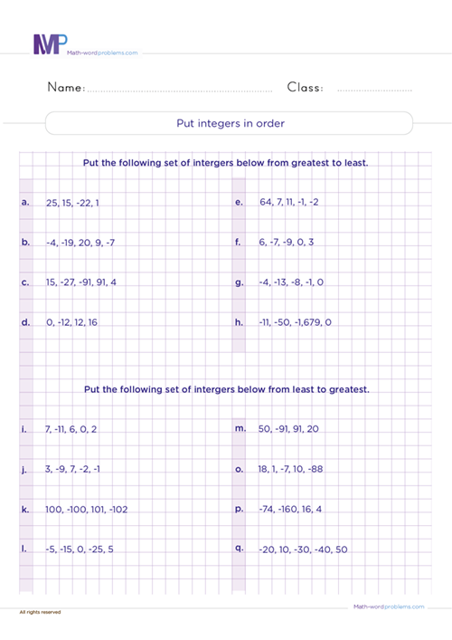 Put integers in order worksheet