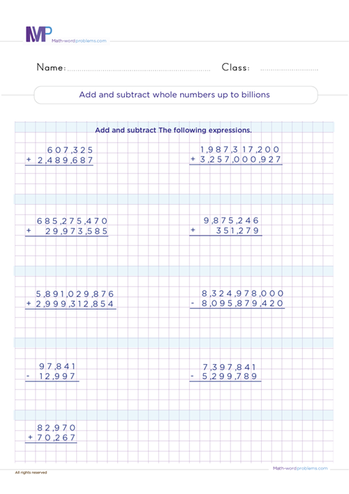 Add and subtract whole numbers up to billions worksheet