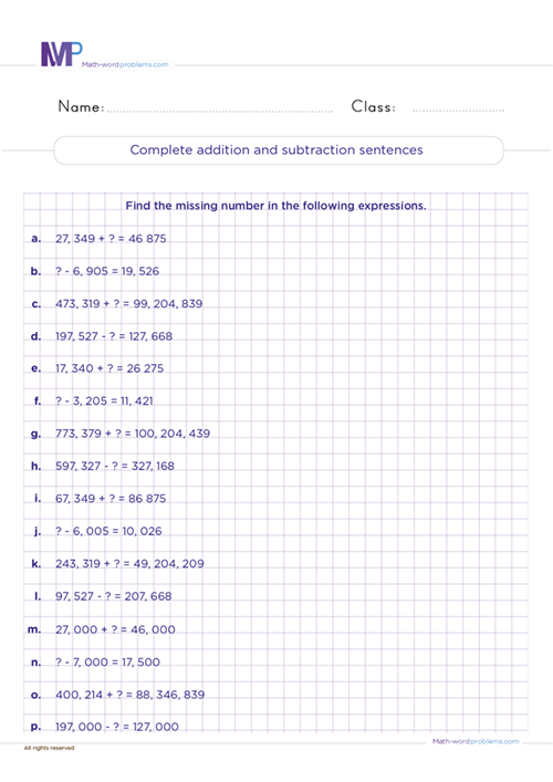 Complete addition and subtraction sentences worksheet