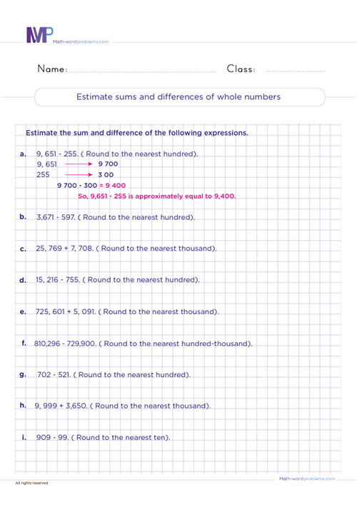 Estimate sums and differences of whole numbers worksheet