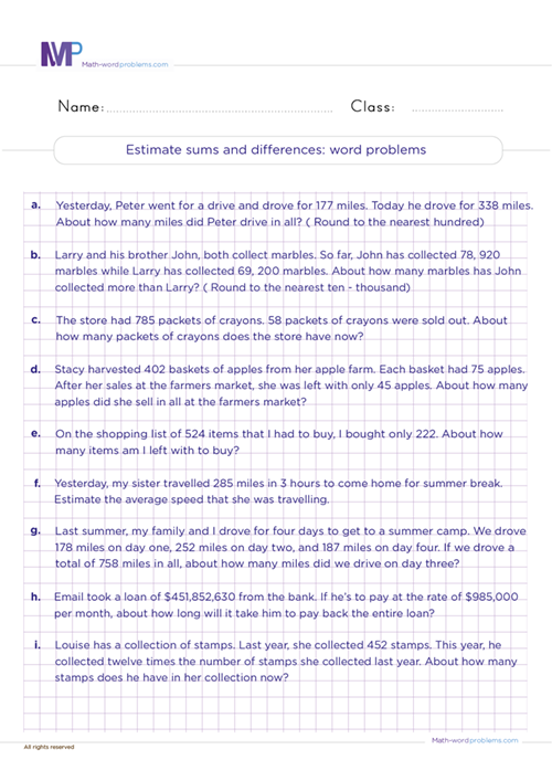 Estimate sums and differences word problems worksheet