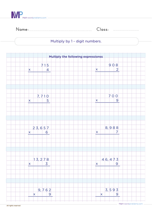multiply-by-1-digit-numbers worksheet