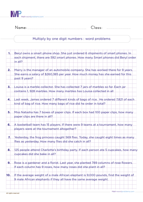 Multiply by 1 digit numbers word problems worksheet