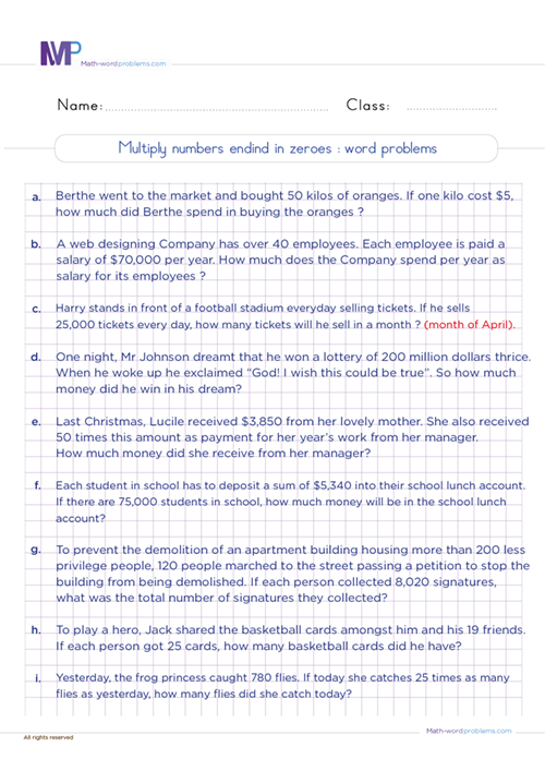 Multiply numbers ending in zeros word problems worksheet