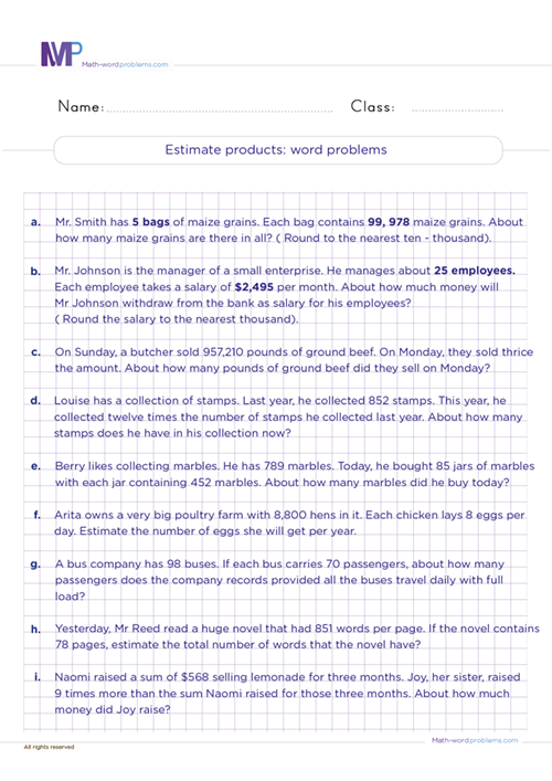 Estimate products word problems worksheet