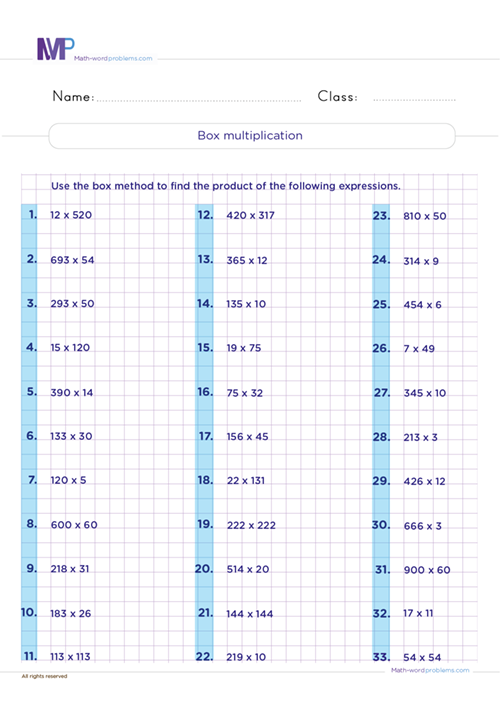 box-multiplication worksheet