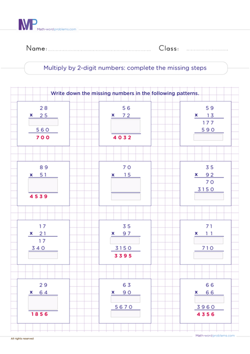 multiply-by-2-digit-numbers-complete-the-missing-steps worksheet