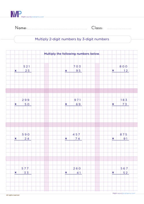Multiply 2 digit numbers by 3 digit numbers worksheet