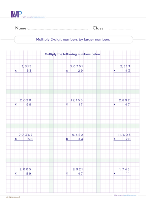 multiply-2-digit-numbers-by-larger-numbers worksheet