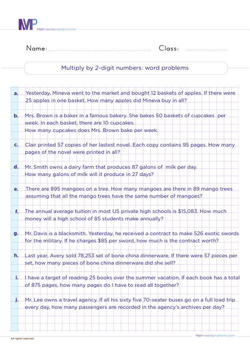 Multiply 2 digit numbers word problems worksheet