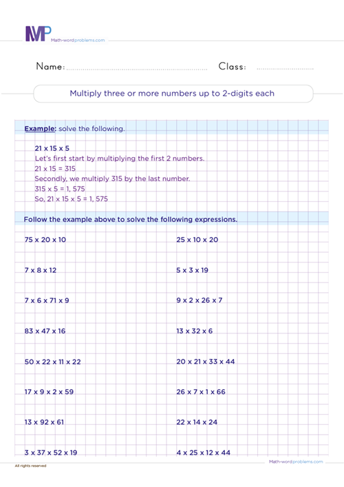 multiply-three-or-more-numbers-up-to-2-digits-each worksheet