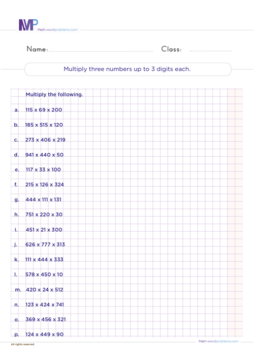 multiply-three-numbers-up-to-3-digits-each worksheet