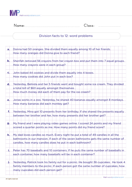 Division facts to 12 word problems worksheet