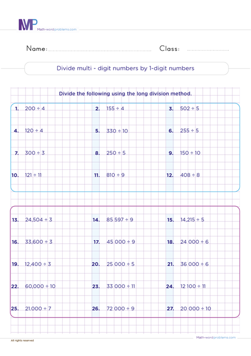 divide-multi-digit-numbers-by-1-digit-numbers worksheet