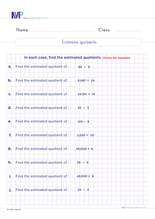 estimate-quotiens worksheet