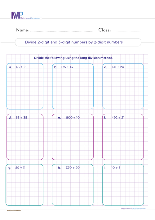 divide-2-digit-and-3-digit-numbers-by-2-digit-numbers worksheet