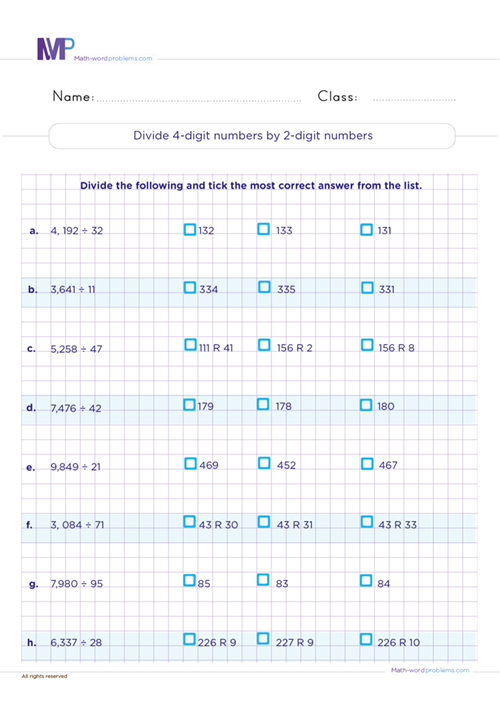divide-4-digit-numbers-by-2-digit-numbers worksheet