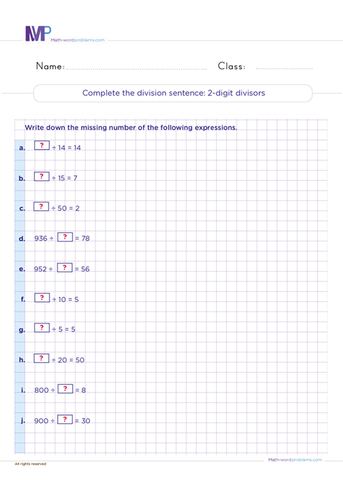 Complete The Division Sentence 2 Digit Divisors