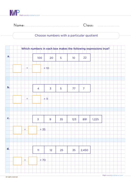 Choose numbers with a particular quotient worksheet