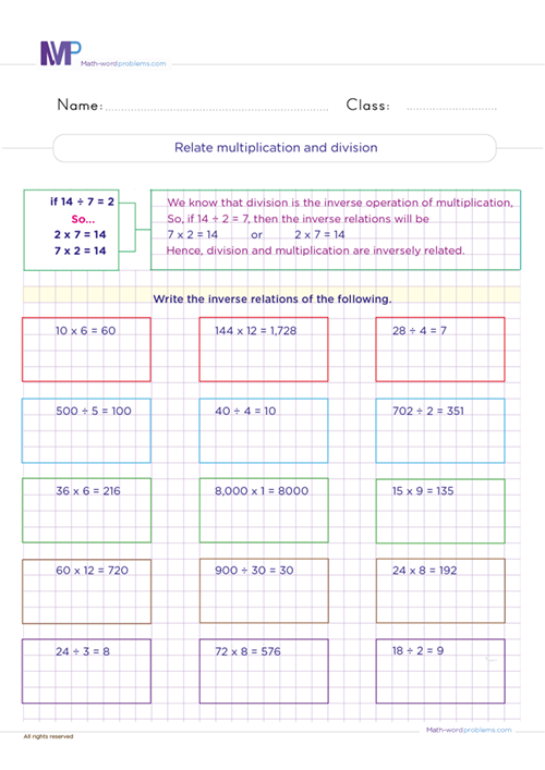 relate-multiplication-and-division worksheet