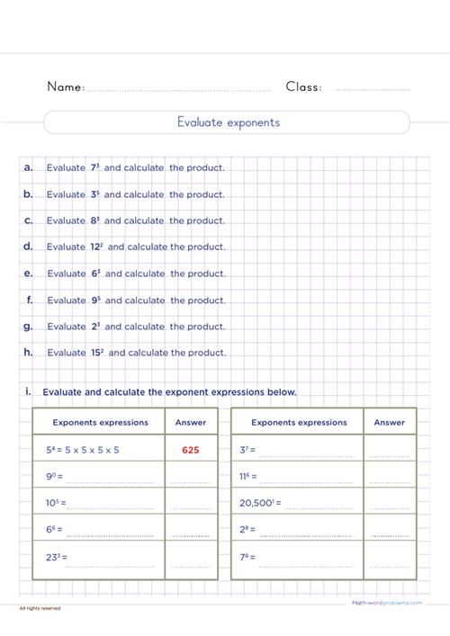 Evaluate exponents worksheet