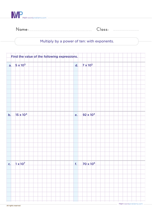Multiply by a power of ten with exponents worksheet