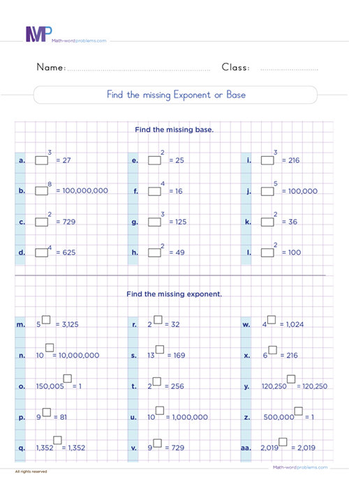 Find the missing exponent or base worksheet