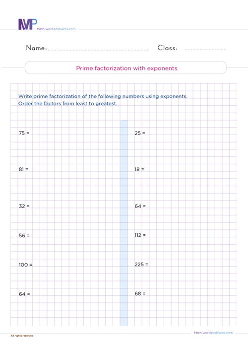 Prime factorization with exponents 02 worksheet