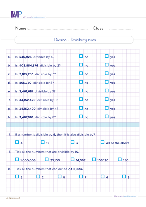 Divisibility rules worksheet