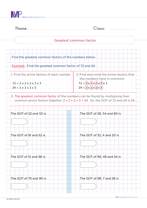 Greatest common factors 01 worksheet