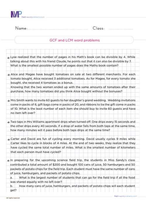 GCM and LCF word problems 01 worksheet