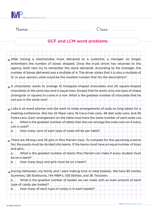 GCM and LCF word problems 05 worksheet