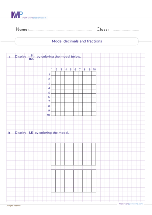 Models decimals and fractions worksheet