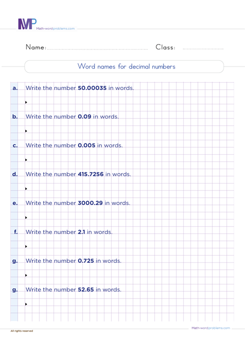 Word names for decimal number worksheet