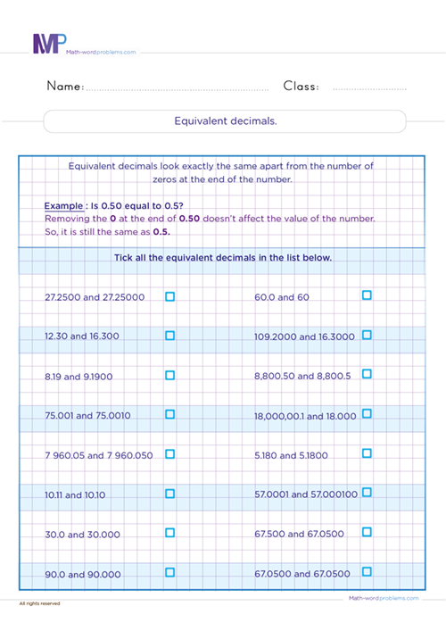 Equivalent decimals worksheet