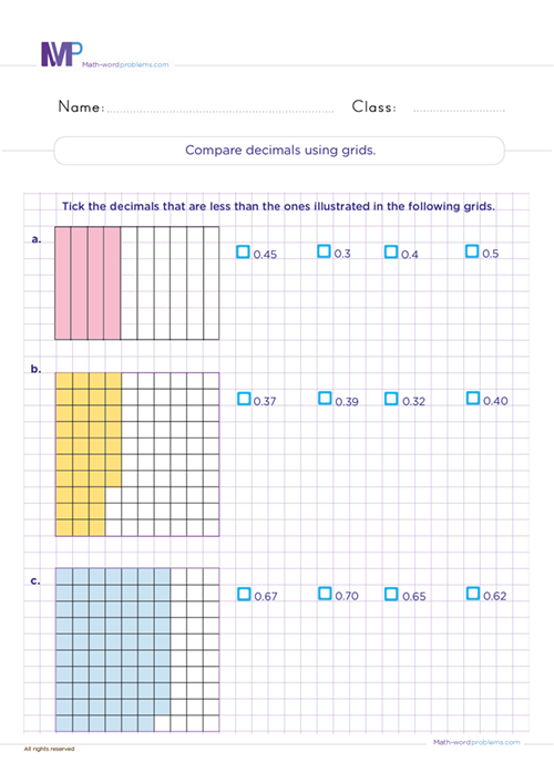Compare decimals using grids worksheet