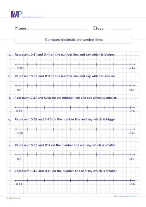 Compare decimals on number lines worksheet