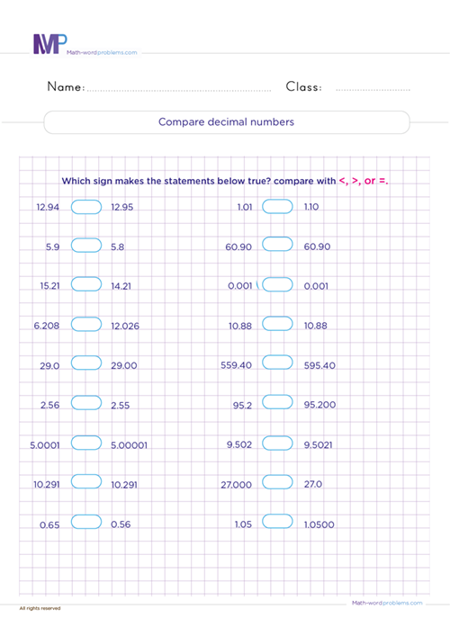 Compare decimals number worksheet