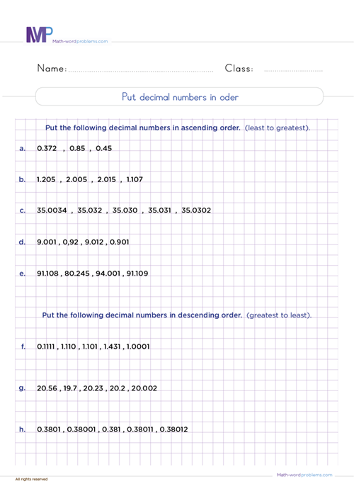 Put decimal numbers in orders worksheet
