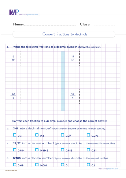Convert fractions to decimal numbers worksheet