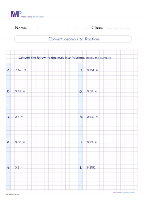 Convert decimals to fractions worksheet