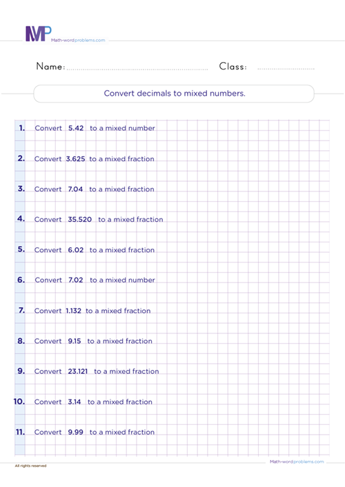 Convert decimals to mixed numbers worksheet