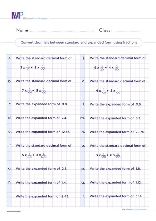 Convert between standard and expanded form using fractions worksheet