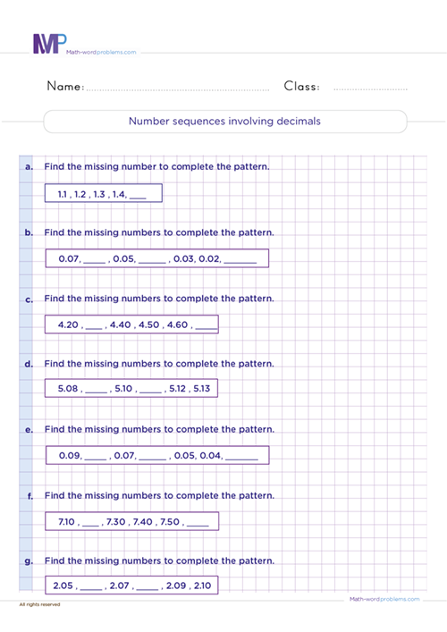 Number sequences involving decimals worksheet