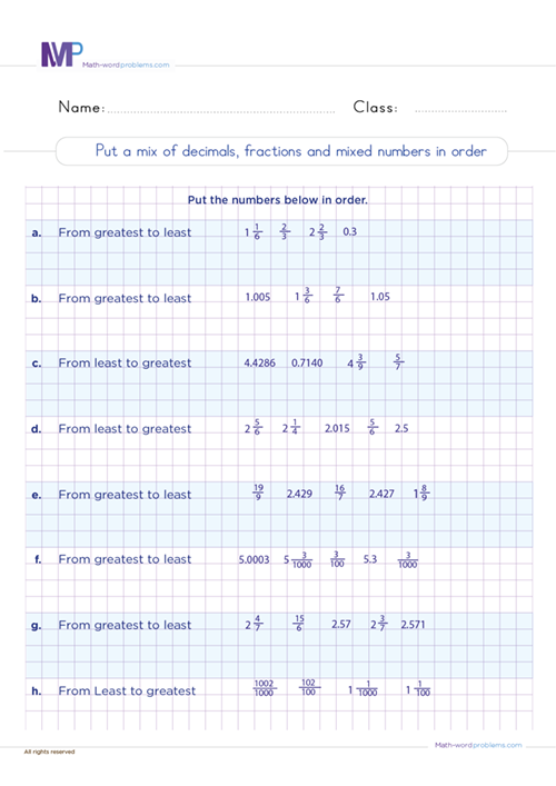 Put a mix of decimals fraction and mixed numbers in order worksheet